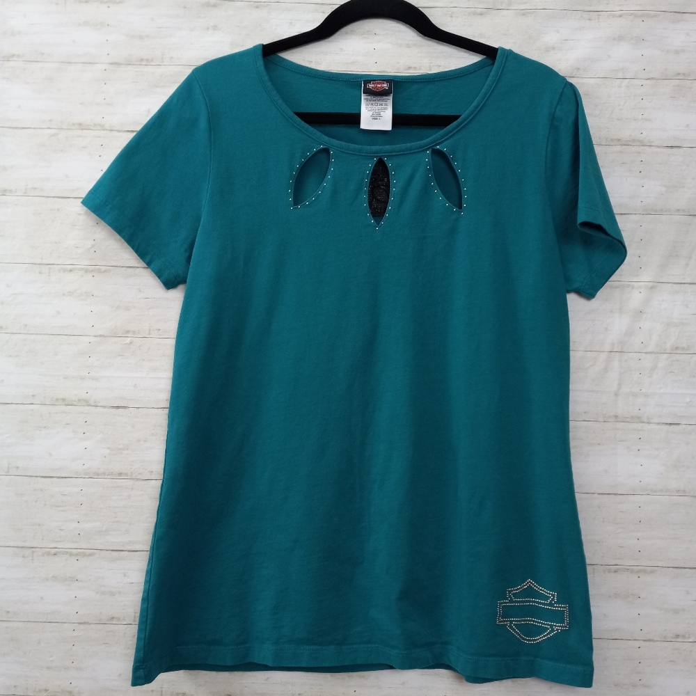 Harley-Davidson Fitted Teal T-Shirt with Cutouts and Silver Studs Knoxville TN L